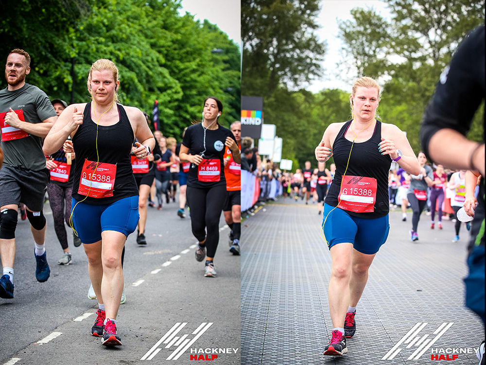 Mid-race on the left, and coming up to the finish line on the right.