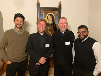 Seminarians Neil Peixoto (left) and Nohil D'Souza (right) at Oscott Seminary with Fr Dominic Findlay-Wilson and Fr Colin Mason